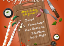 Spargelrezept der Woche Roher Spargelsalat Vorschaubild, text: Heute kochen wir gesund! Spargel, Putenschnitzel, Bund Radieschen, Schnittlauch, Salz und Pfeffer