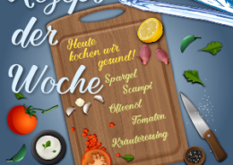 Spargelrezept der Woche Scampi mit Spargel, Text: heute kochen wir gesund! Spargel, Scampi, Olivenöl, Tomaten, Kräuterdressing