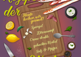 Spargelrezept der Woche Spargelcremesuppe Vorschaubild, text: Heute kochen wir gesund! Spargel, Zitronensaft, Crème double, gehackter Kerbel, Salz und Pfeffer