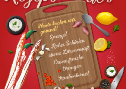 Rezept der Woche Spargel Carpaccio Vorschaubild, Text: Heute kochen wir gesund! Spargel, Roher Schinken, Zitronensaft, Crème Fraiche, Orangen, Traubenkernöl