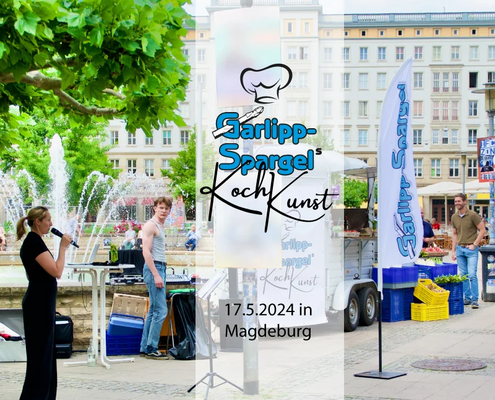 Garlipp-Spargels KochKunst, Künstler bereiten zusammen mit Köchen leckere Spargelrezepte zu, die das Magdeburger Publikum verkosten kann