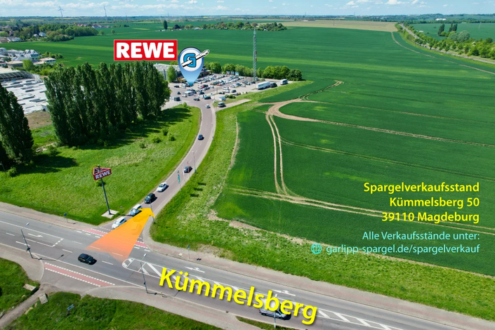 Spargelverkaufsstand Garlipp-Spargel in Magdeburg Standort Kümmelsberg 50, Einfahrt zum REWE