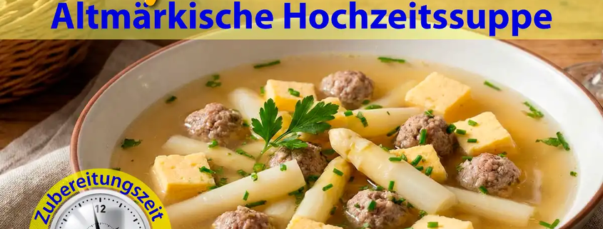 Altmärkische Hochzeitssuppe mit Garlipp-Spargel, hier kommt ein Rezept, wie man von der Pike auf an, die Altmärkische Hochzeitssuppe richtig zubereitet. Vom Huhn, über die Brühe, bis zum Eistich